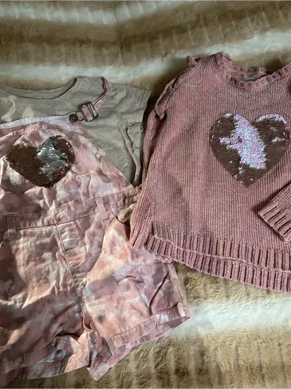 btween Pink Chenille Knit Top Sweater Tan T Shirt Tie-Dye Overalls Shorts Girls - Picture 3 of 9